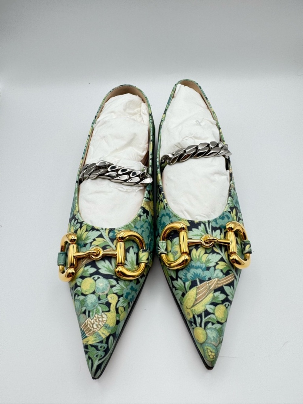 Gucci x Liberty Horsebit Chain Ballet Flats Floral Pointed Toe 36 W Box